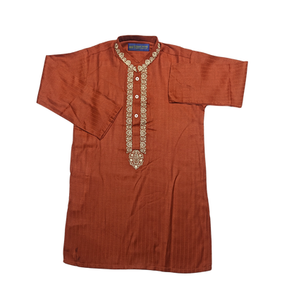 Rust Orange Dupion Silk Embroidered Straight Cut Kids Kurta