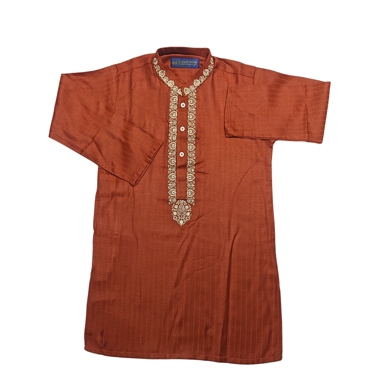 Rust Orange Dupion Silk Embroidered Straight Cut Kids Kurta