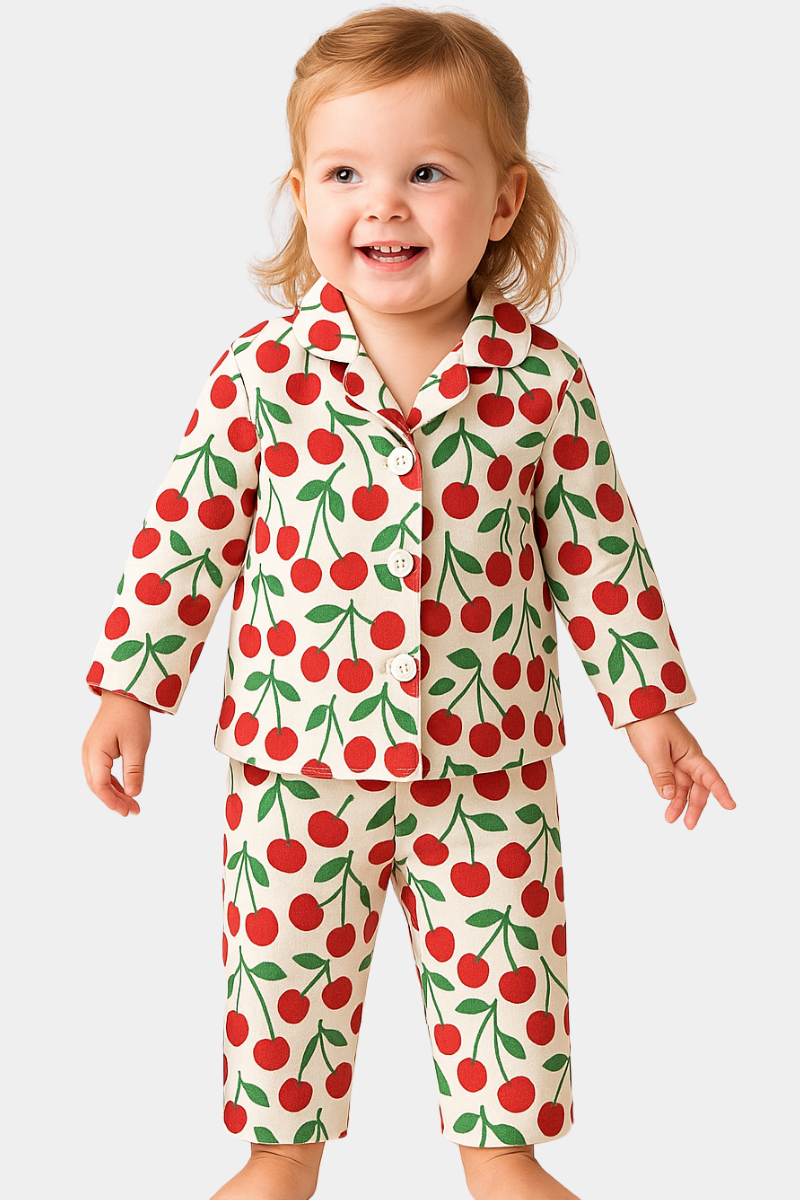 Unisex Kids - ALL OVER CHERRY PRINTED NIGHTWEAR SUIT