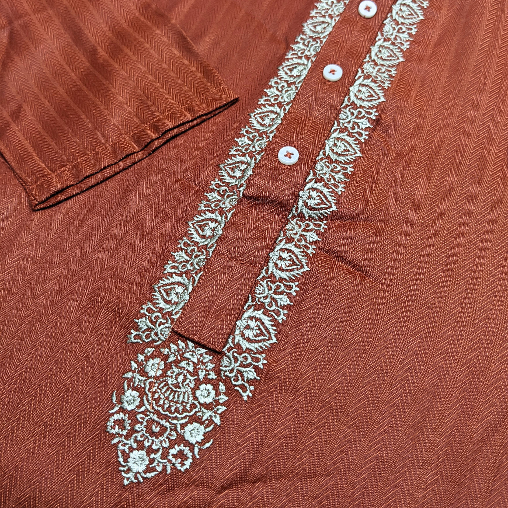 Rust Orange Dupion Silk Embroidered Straight Cut Kids Kurta