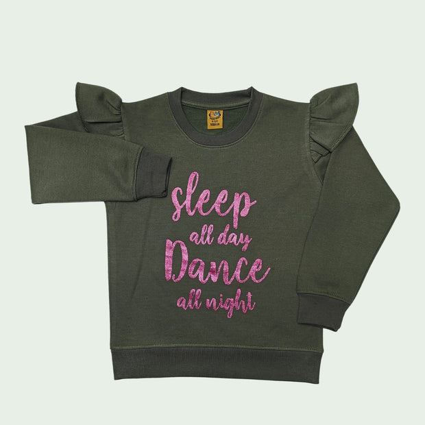 Girls Cotton Terry Printed Sweatshirt - Olive