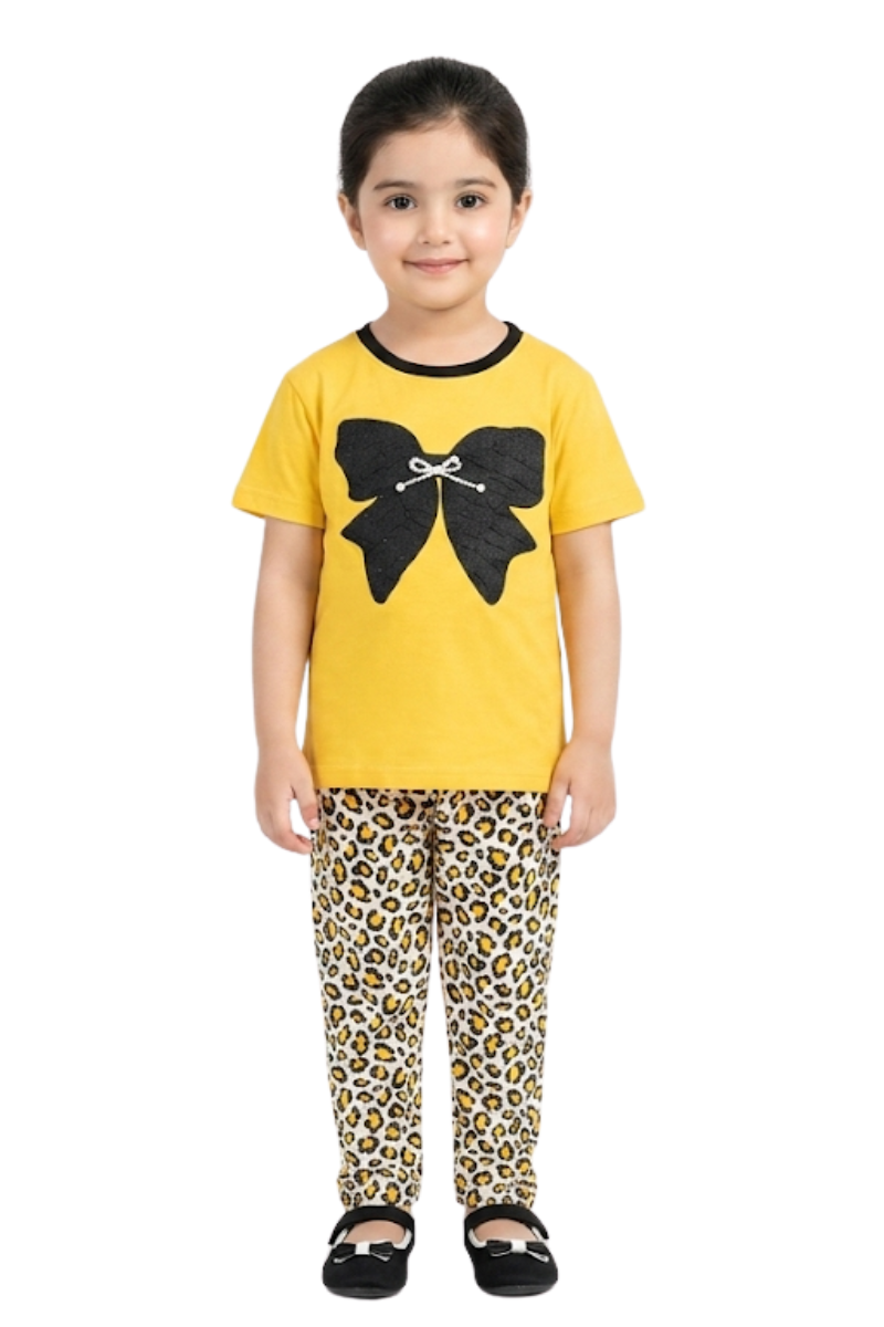 Girls Vibrant Yellow Bow Tee & Leopard Print Pajama Set
