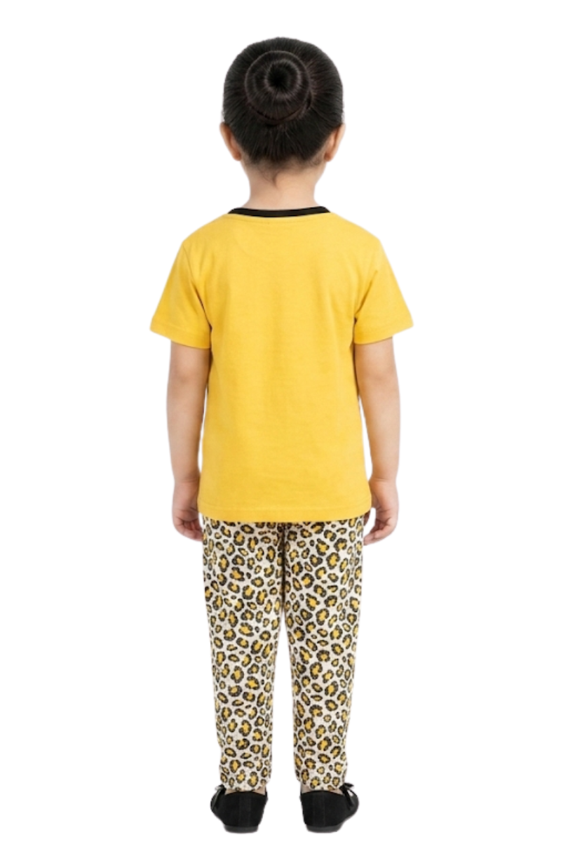 Girls Vibrant Yellow Bow Tee & Leopard Print Pajama Set