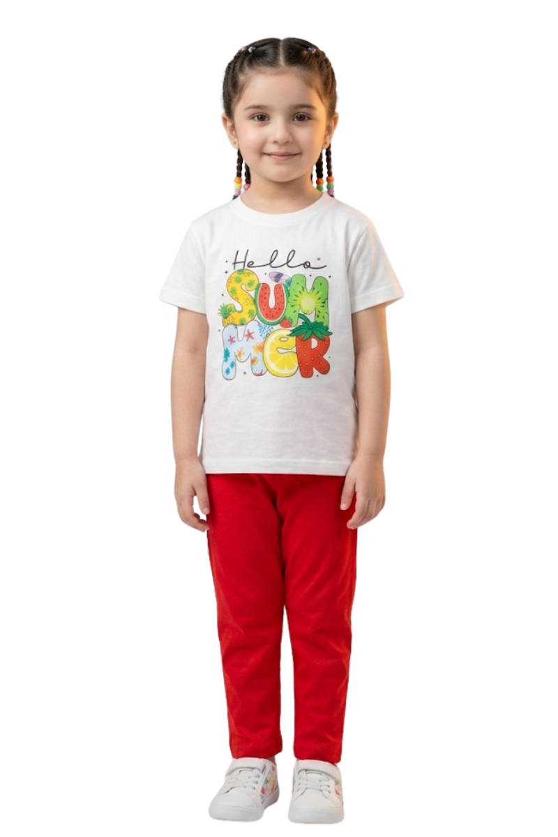 Kids' "Hello Summer" Graphic T-Shirt & Red Pant Set