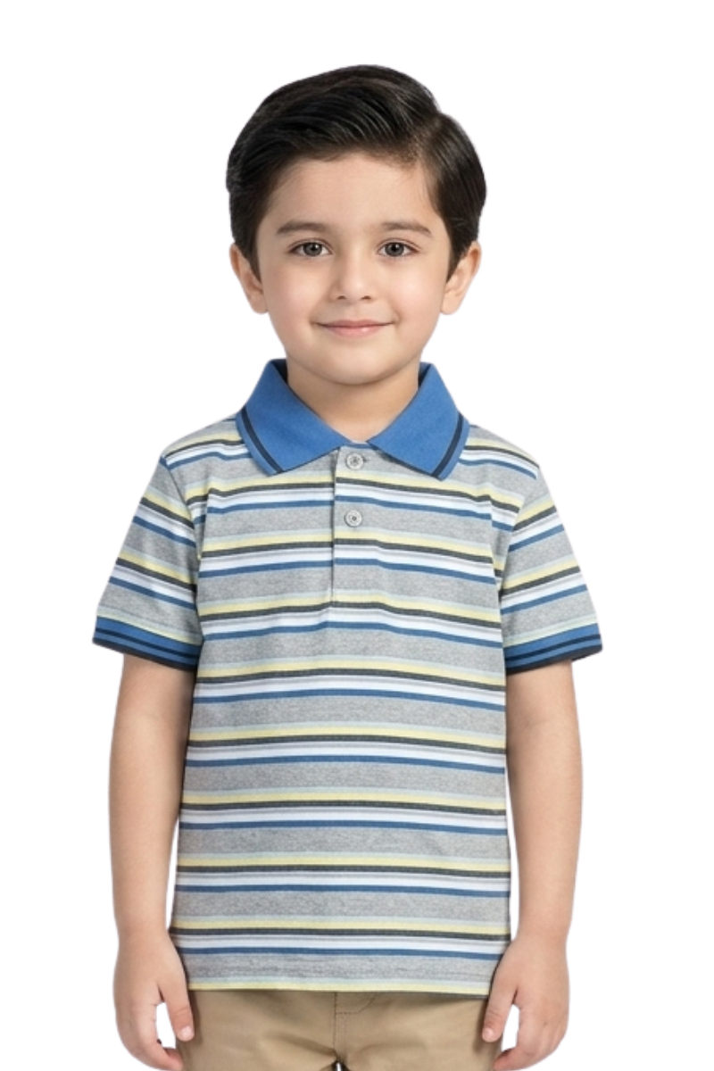 Boys' Multi-Stripe Cotton Polo Shirt – Grey & Blue