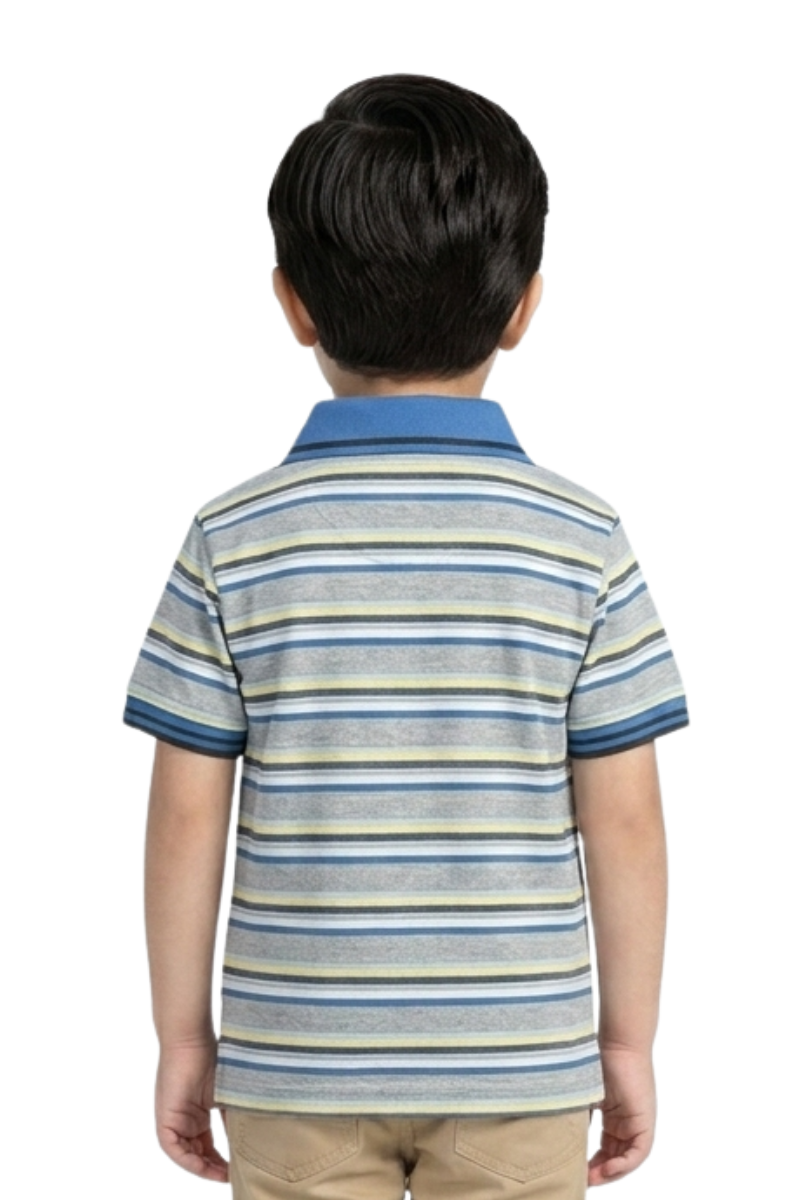 Boys' Multi-Stripe Cotton Polo Shirt – Grey & Blue