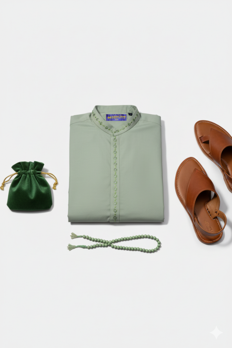 Boys' Mint Green Shalwar Kameez Set with Beaded Detailing