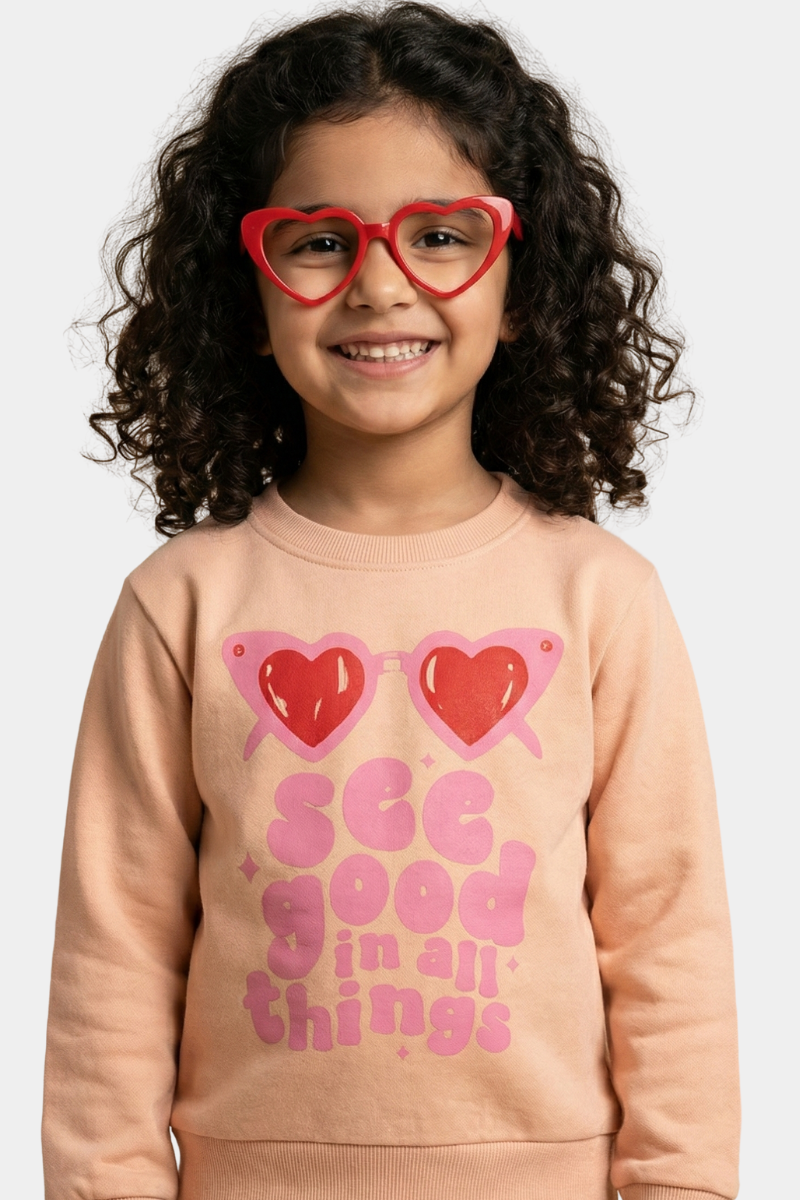 Girls' Peach Heart-Glasses Sweatshirt - Cozy Fleece