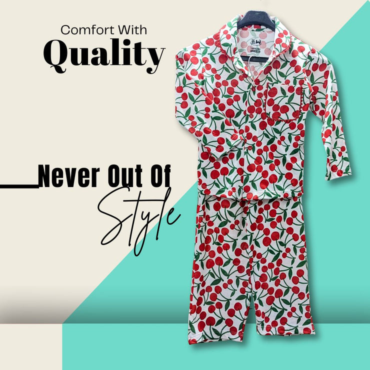 TODDLER GIRLS - ALL OVER CHERRY PRINTED NIGHTWEAR SUIT