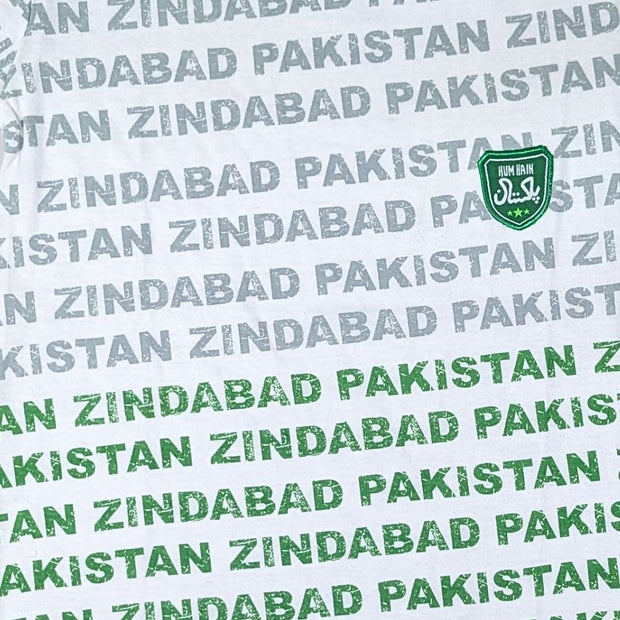 BOYS & GIRLS ALL OVER PRINTED WITH PAKISTAN ZINDABAD BADGE TEE - WHITE