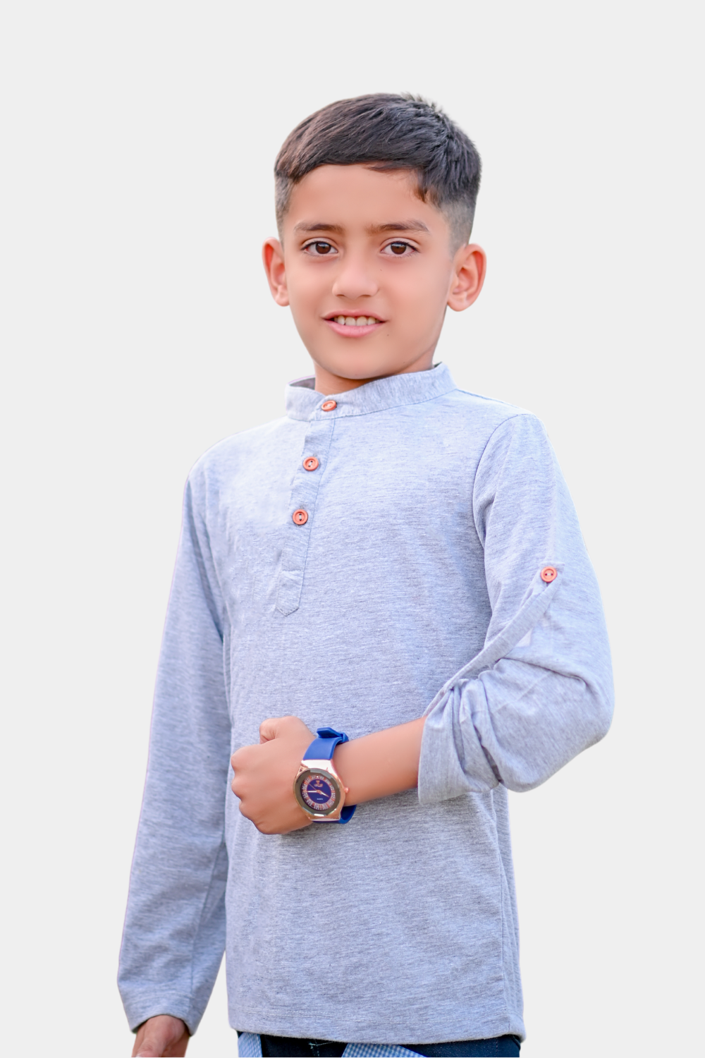 Boys' Casual H.Gray Henley Shirt with Roll-Up Sleeves
