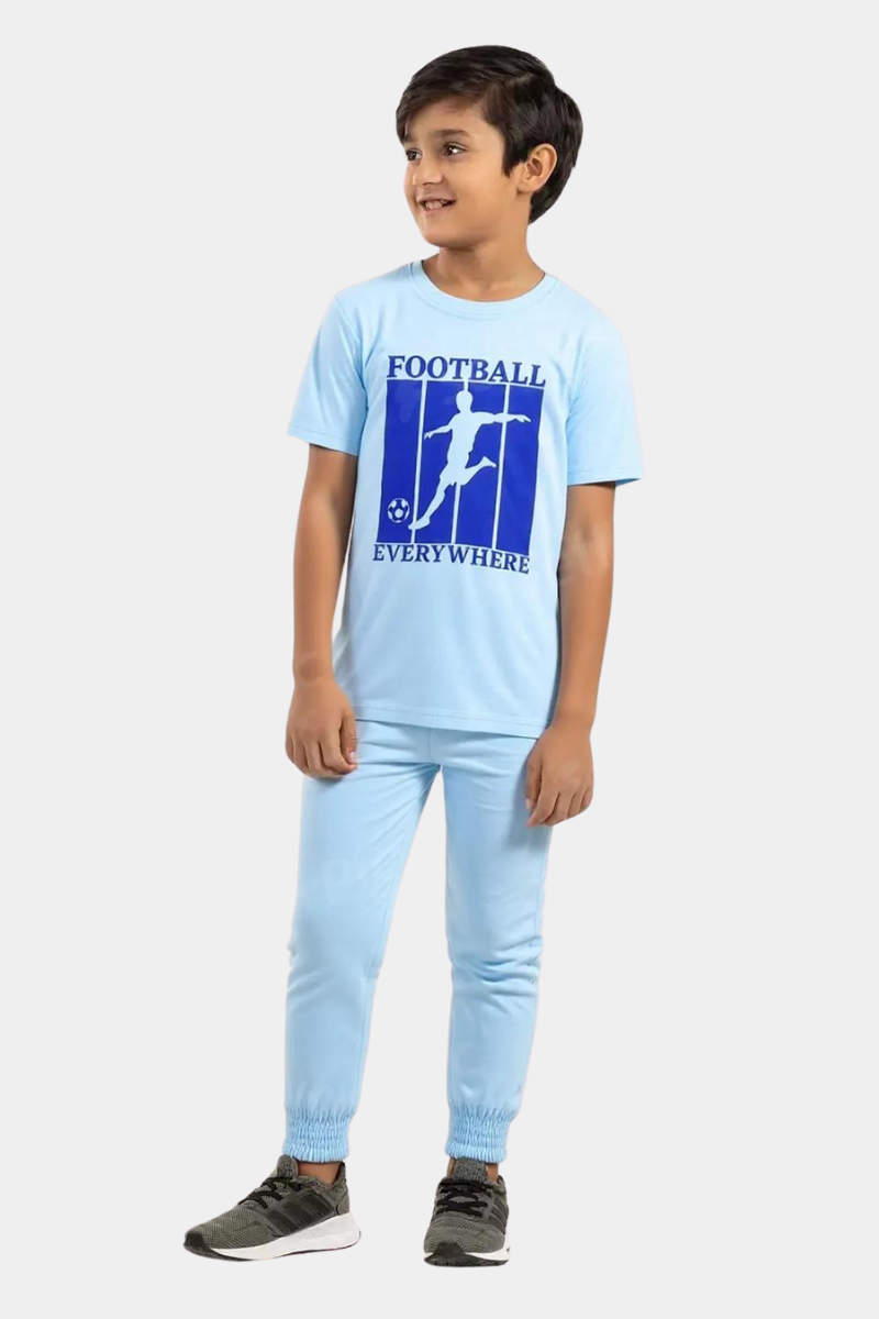 BOYS LYCRA JERSEY 2 PIECE SUITE FOOTBALL PRINTED - SKY BLUE