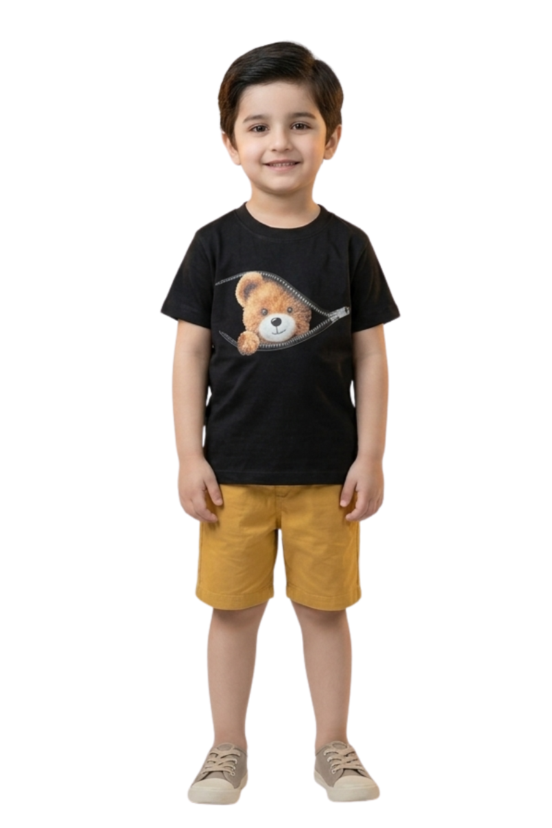Boys' Peek-a-Boo Teddy Zipper Graphic Tee – Classic Black