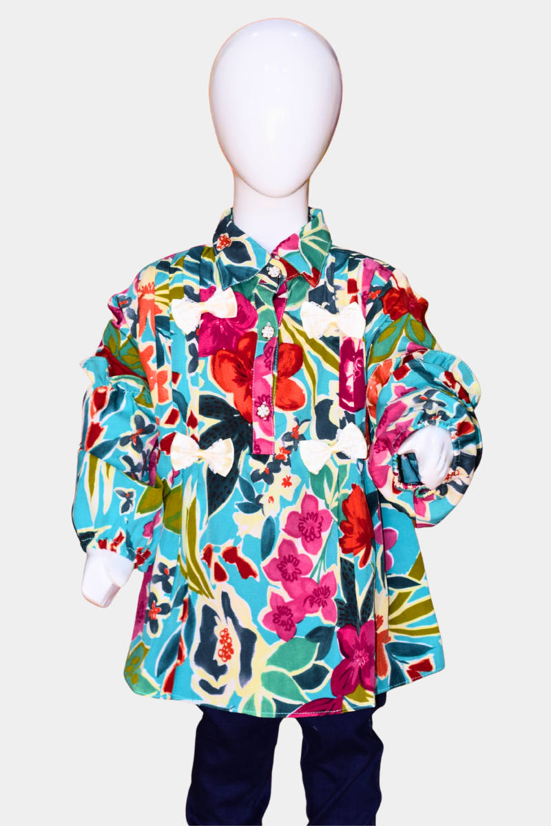 Vibrant Floral Kids’ Tunic Shirt | Bright Blue & Multi-Color Blossom Top