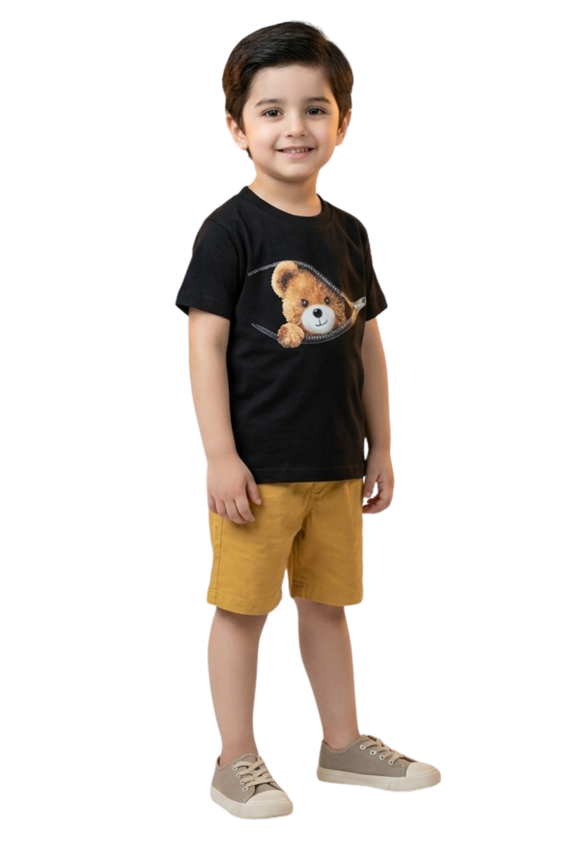 Boys' Peek-a-Boo Teddy Zipper Graphic Tee – Classic Black