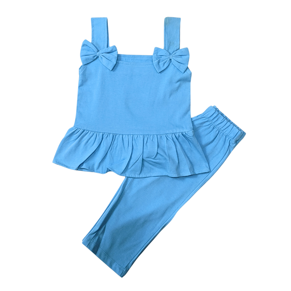 Infant Girls Adorable Bow Strap Peplum Top & Wide-Leg Pants Set – Sky Blue