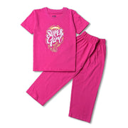 GIRLS HEAVY COTTON JERSEY 2 PIECE SUITE PRINTED - HOT PINK