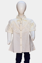 Elegant Kids’ White Lace & Sequin Blouse | Stylish Ruffled Sleeve Top for Girls