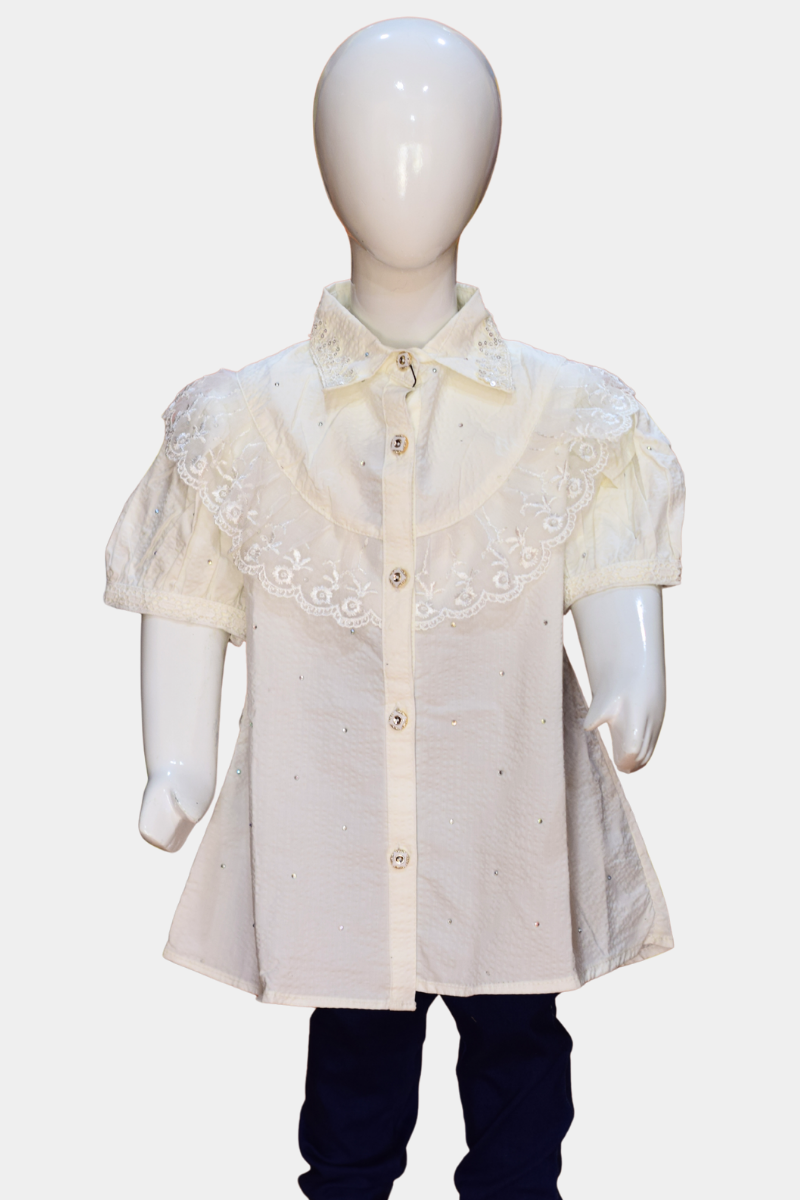 Elegant Kids’ White Lace & Sequin Blouse | Stylish Ruffled Sleeve Top for Girls
