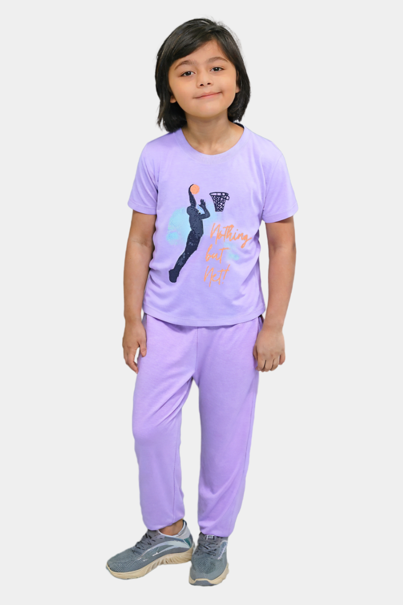 BOYS LYCRA JERSEY 2 PIECE SUITE PRINTED  - LIGHT PURPLE