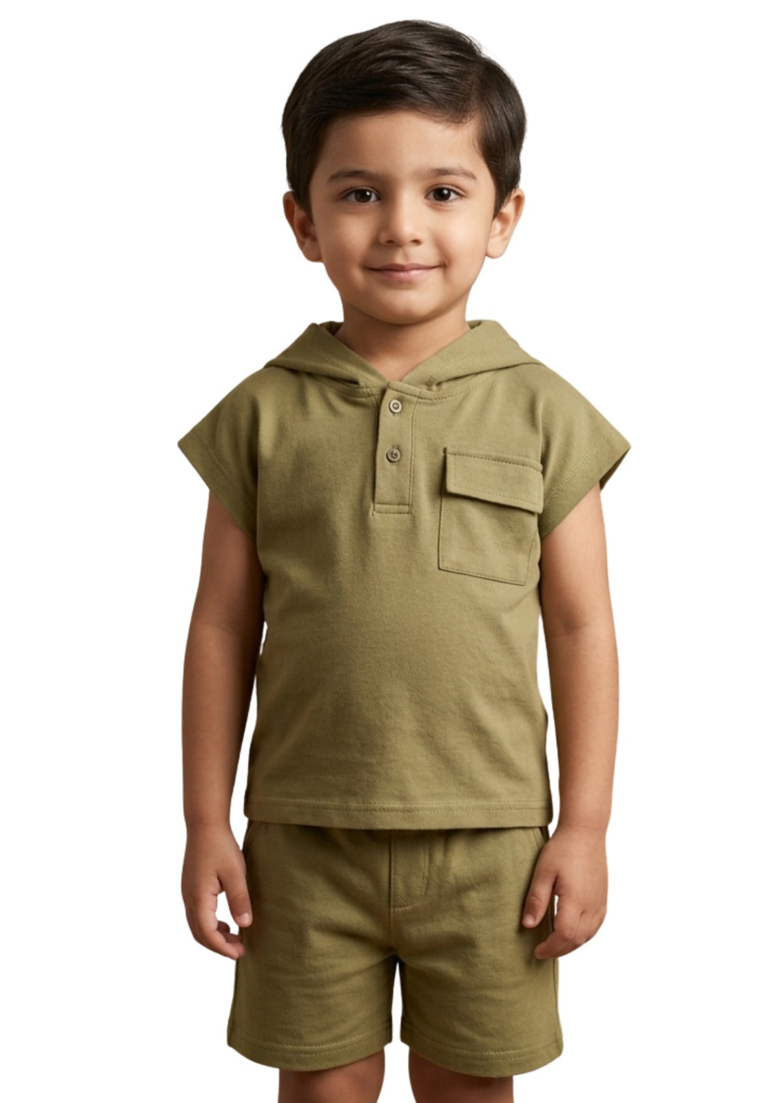 Boys' khaki Hooded Henley Tee & Shorts 2-Piece Co-ord Set