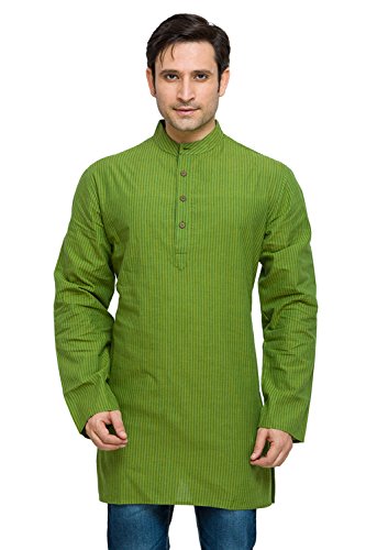 Shatranj Men's Indian Kurta Tunic – Elegant Fine Stripe Banded Collar Shirt