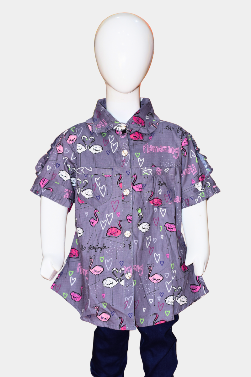 Kids’ Grey Flamingo & Hearts Ruffle Sleeve Shirt | “It’s Flamingle” Fun Girls’ Top