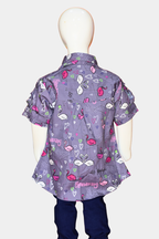 Kids’ Grey Flamingo & Hearts Ruffle Sleeve Shirt | “It’s Flamingle” Fun Girls’ Top