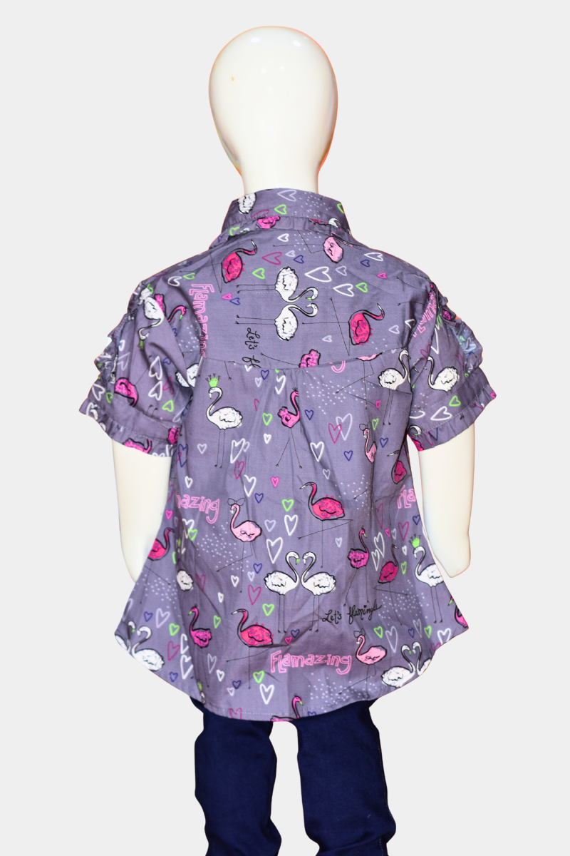 Kids’ Grey Flamingo & Hearts Ruffle Sleeve Shirt | “It’s Flamingle” Fun Girls’ Top