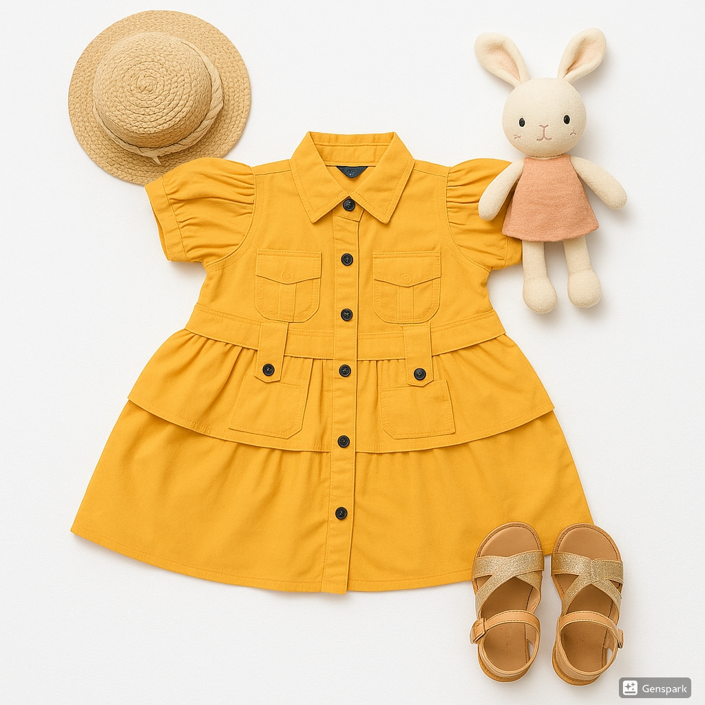 Girls’ Mustard Utility-Style Button-Up Shirt with Puff Sleeves
