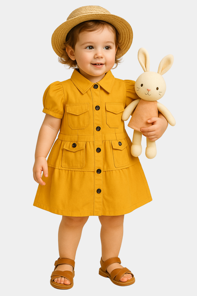 Girls’ Mustard Utility-Style Button-Up Shirt with Puff Sleeves