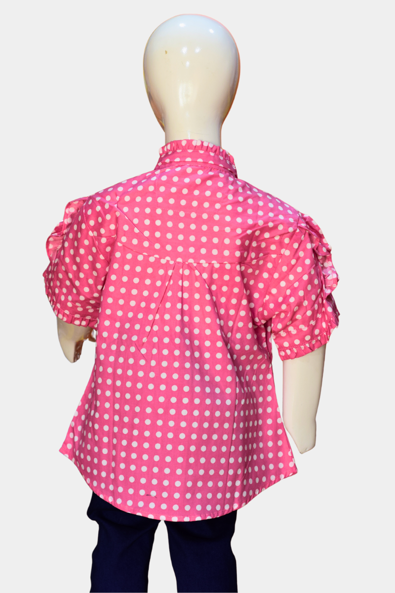Girls Bright Pink Polka Dot Shirt with Ruffle Sleeves | Kids Fashion Top