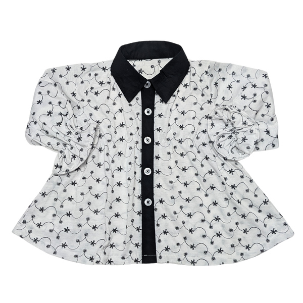Embroidered Floral Baby Shirt with Black Collar and Trim