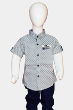 Stylish Grey Polka Dot Kids' Shirt | Half Sleeve Cotton Boys' Top with Vogue Patch