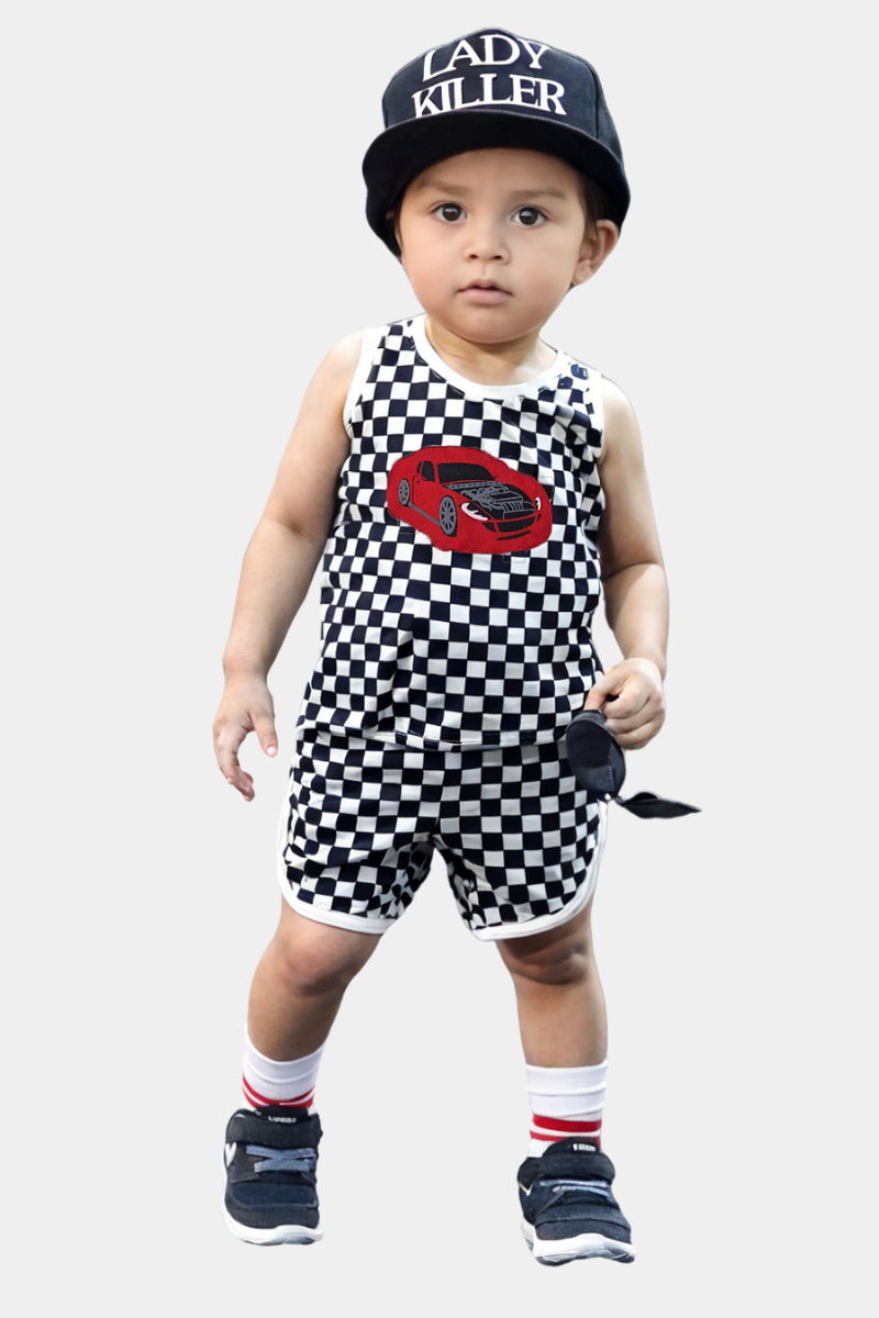 Kids Checkered Sleeveless Sando Set - Red Sports Car Print