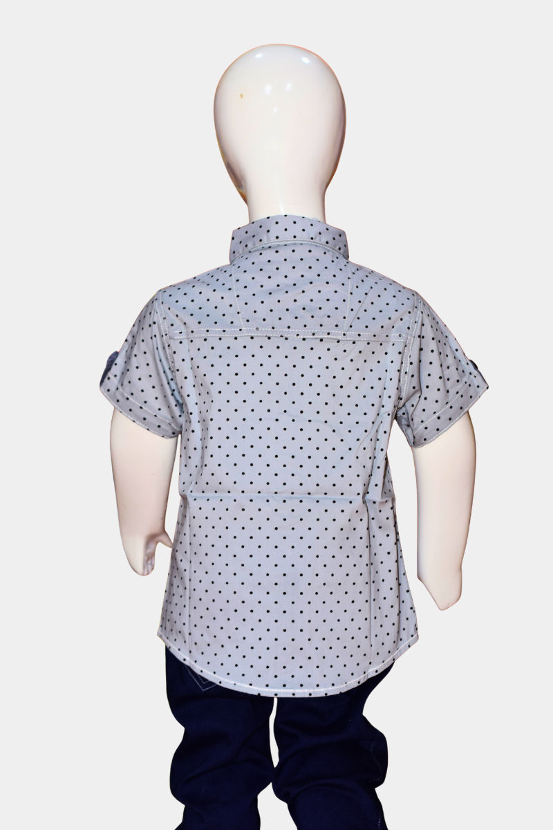 Stylish Grey Polka Dot Kids' Shirt | Half Sleeve Cotton Boys' Top with Vogue Patch