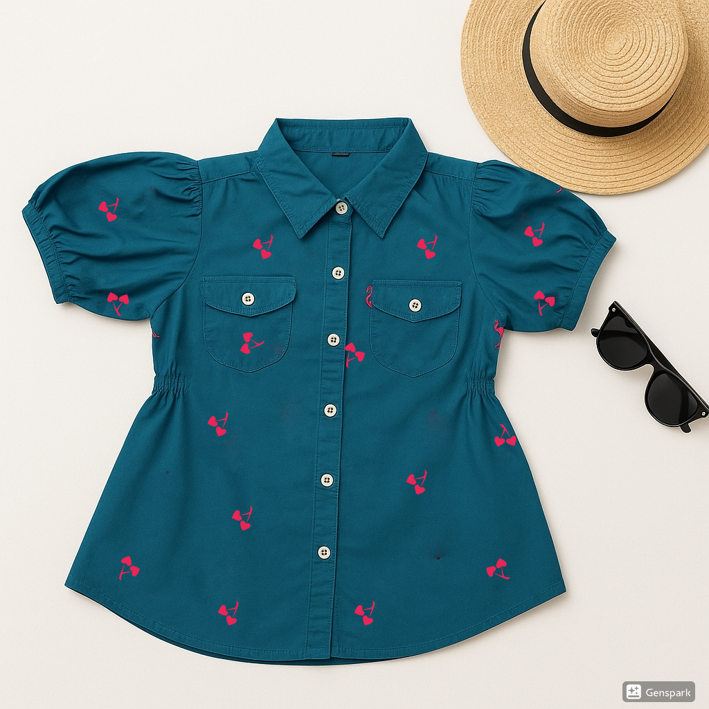 Girls’ Teal Puff Sleeve Shirt with Pink Embroidery