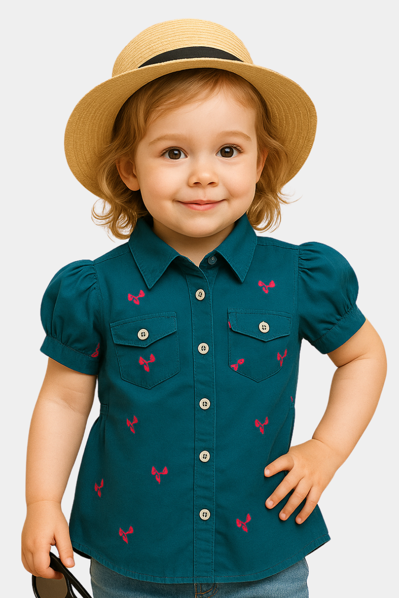 Girls’ Teal Puff Sleeve Shirt with Pink Embroidery