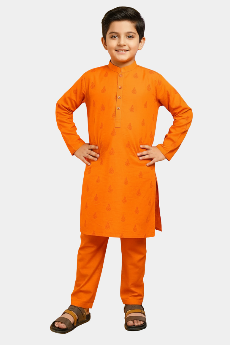2PC Boys' Orange Printed Kameez Shalwar - Festive Wear