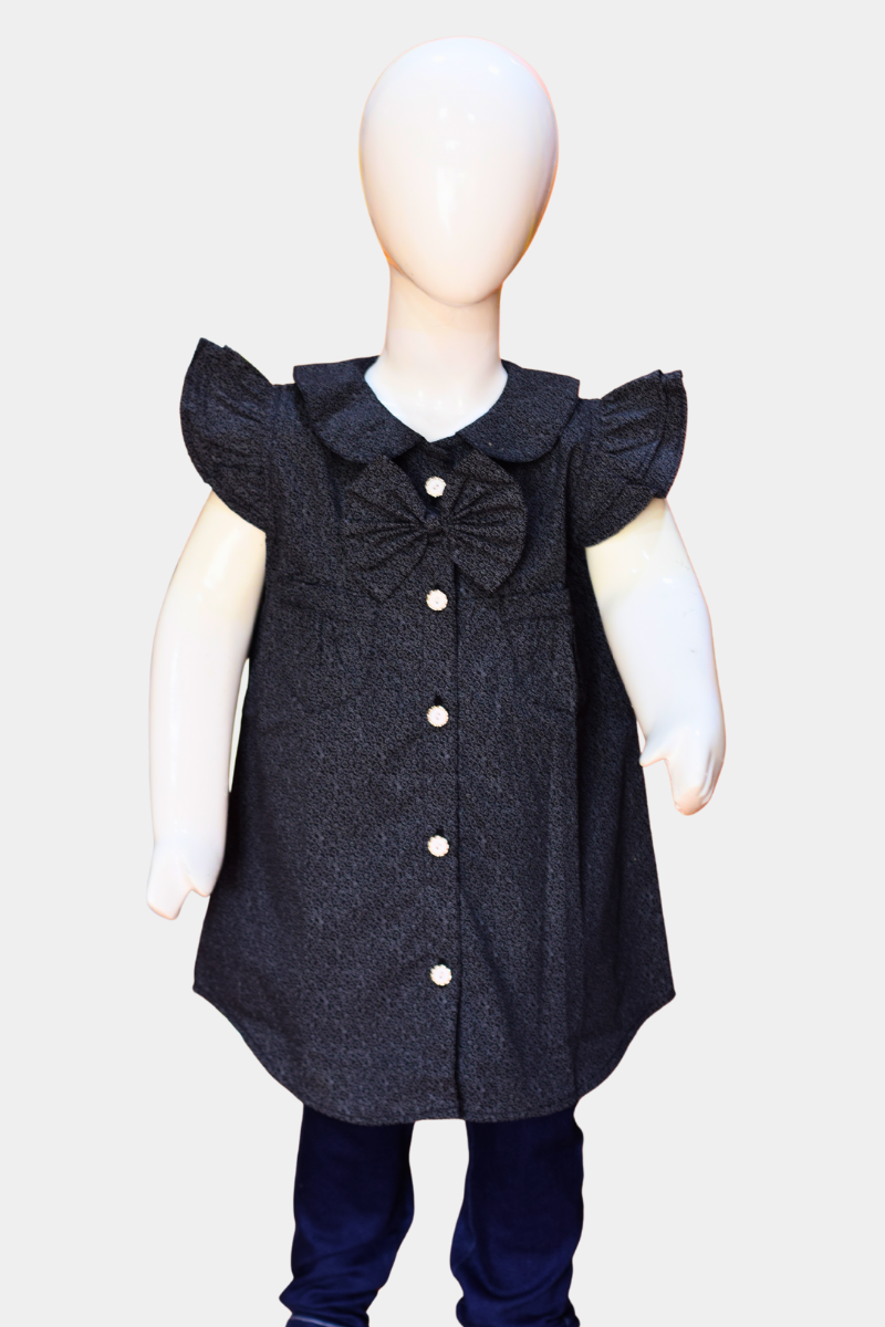 Girls Black Button-Down Shirt with Bow & Ruffle Sleeves | Stylish Kidswear