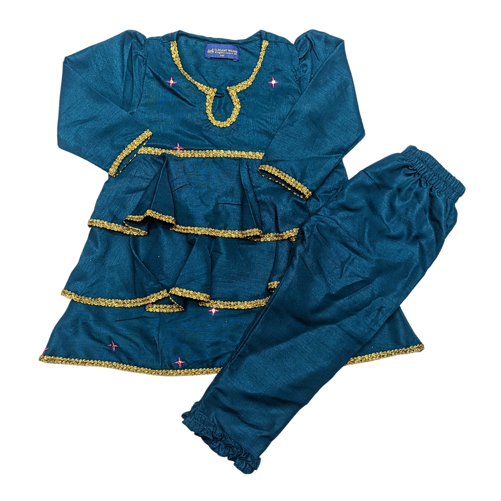 Elegant Teal Blue Girls' Frock & Trouser Set – Stylish & Comfortable Outfit