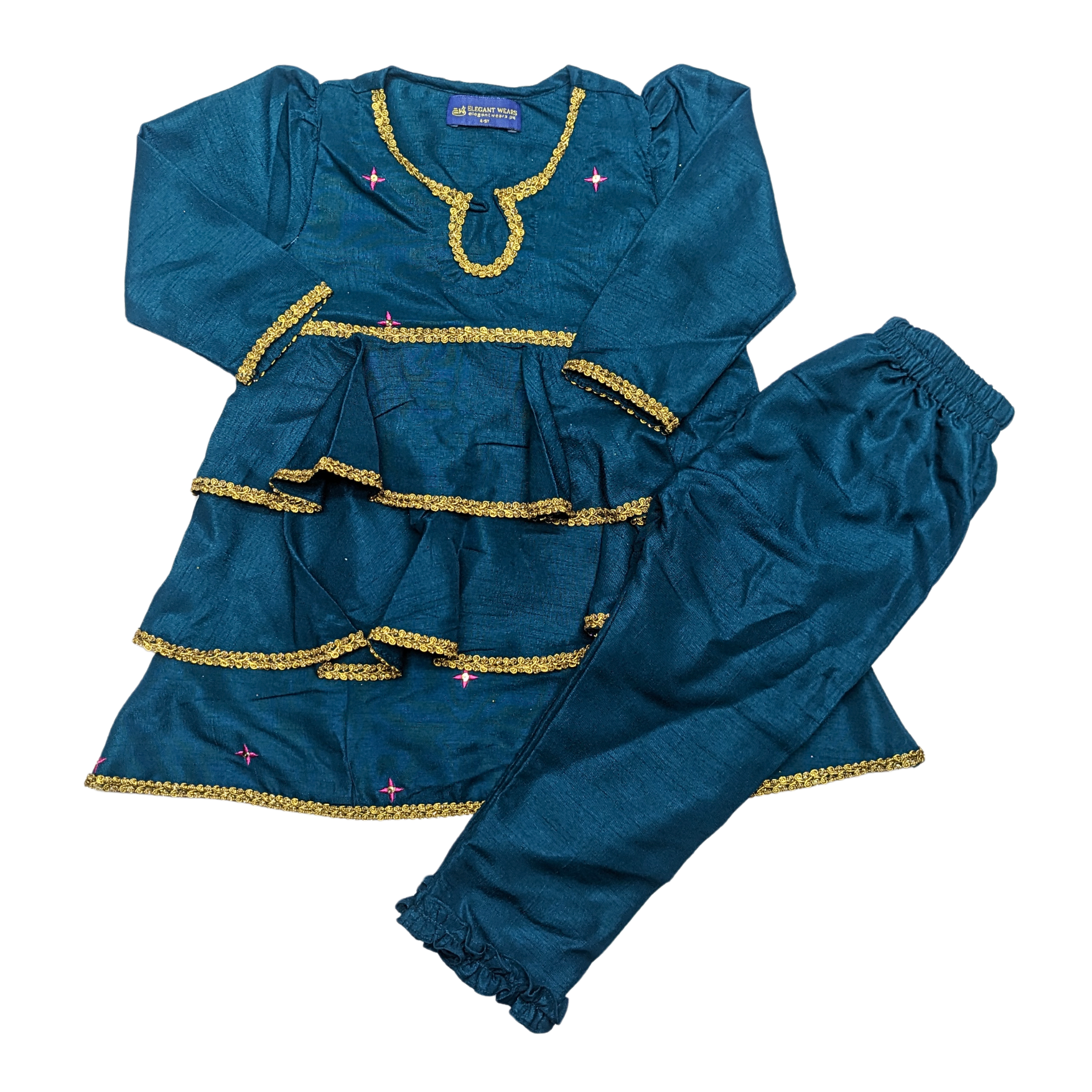 Elegant Teal Blue Girls' Frock & Trouser Set – Stylish & Comfortable Outfit