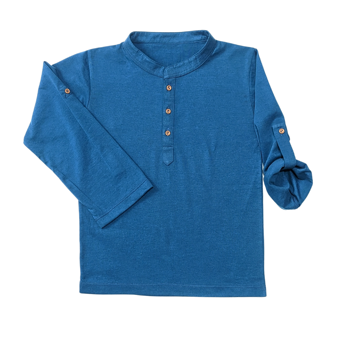 Boys' Casual Blue Henley Shirt with Roll-Up Sleeves