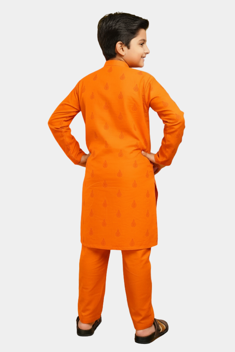 2PC Boys' Orange Printed Kameez Shalwar - Festive Wear