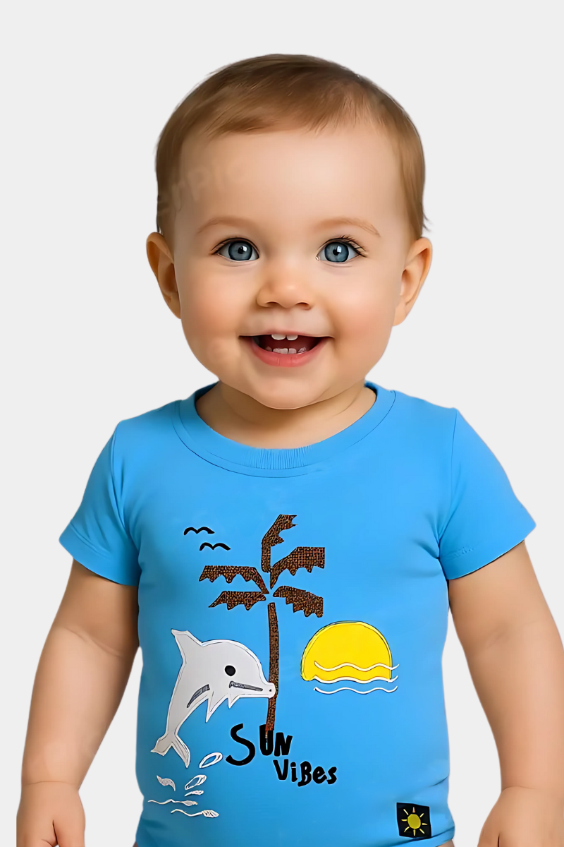 Baby “Sun Vibes” Blue T-Shirt – Tropical Dolphin Print