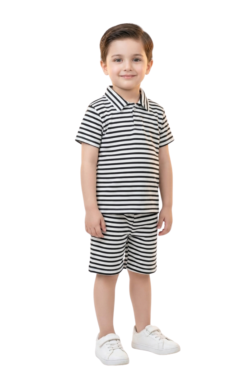 Boys' Black and White Striped Polo & Shorts Set