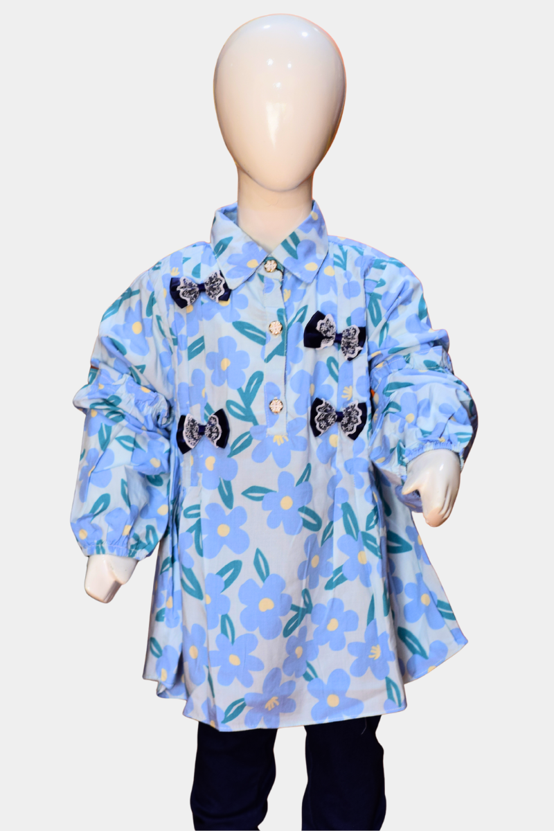 Girls' Floral Print Shirt with Bow | Stylish & Comfortable Kids' Top