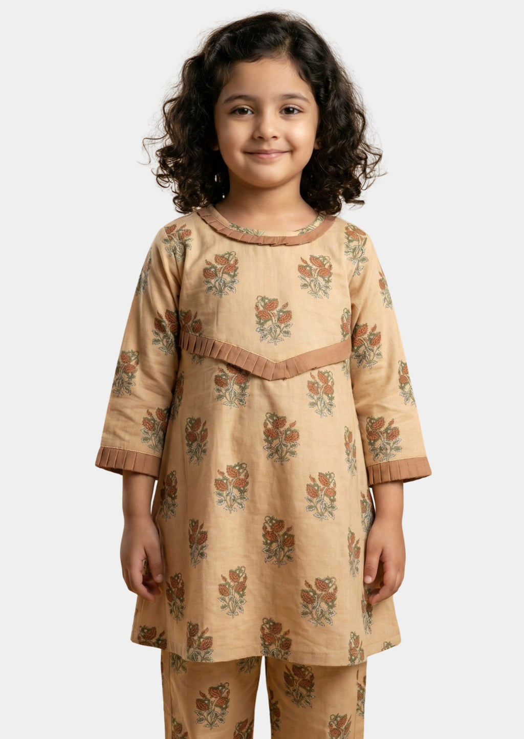 Vintage Bloom 2-Piece Cotton Suit â€“ Beige & Rust Floral