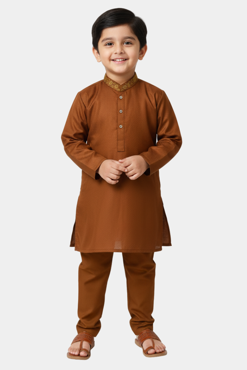 Classic Brown Boys’ Kurta Pajama with Embroidered Collar – 2 Piece Traditional Suit
