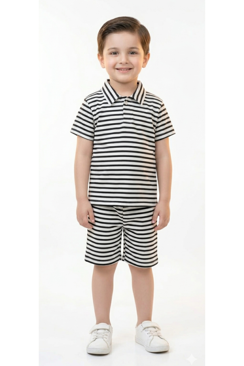 Boys' Black and White Striped Polo & Shorts Set